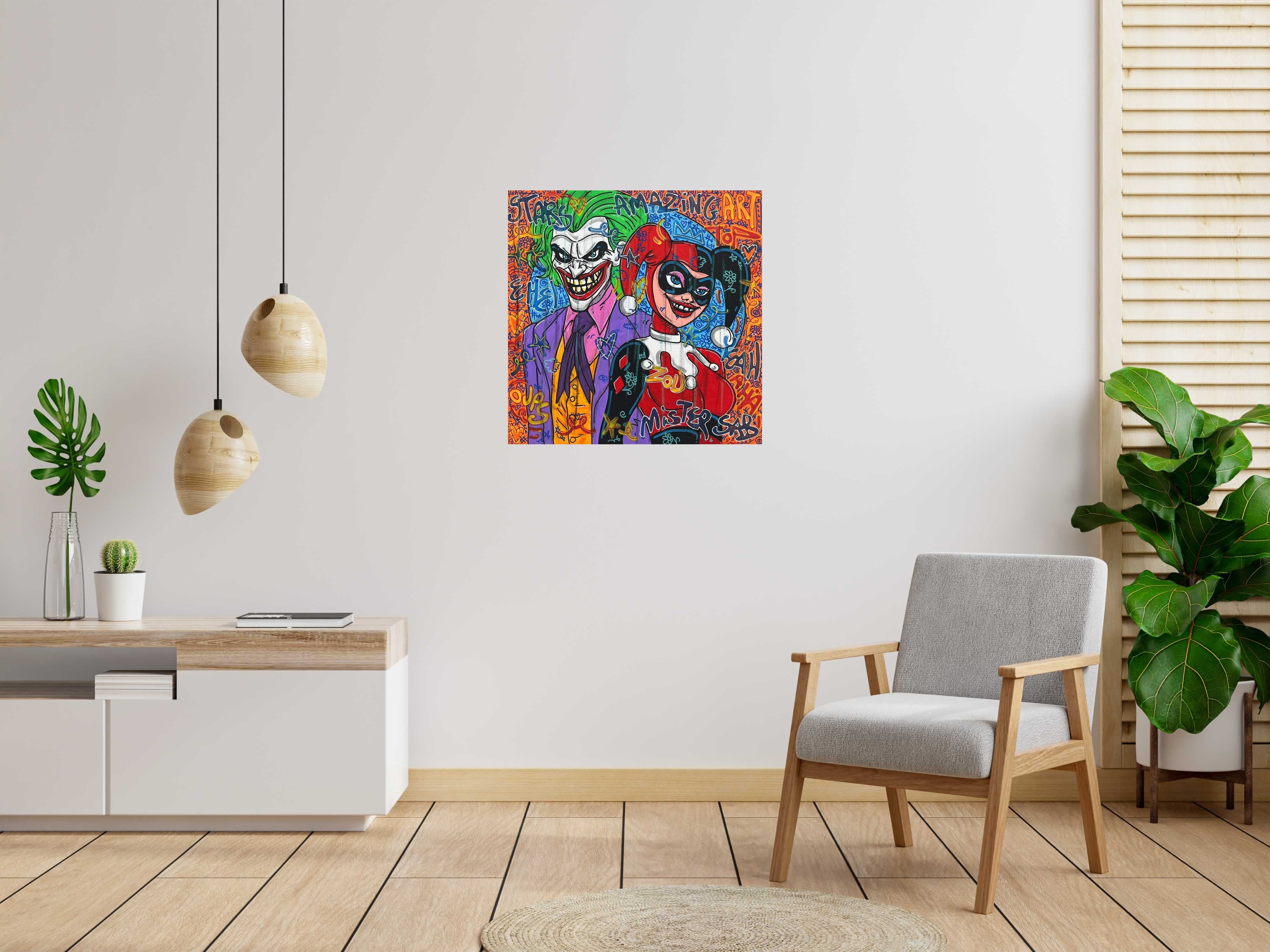 Tableau Amazing Joker & Harley de RICO SAB dans un intérieur – 80 × 80 cm