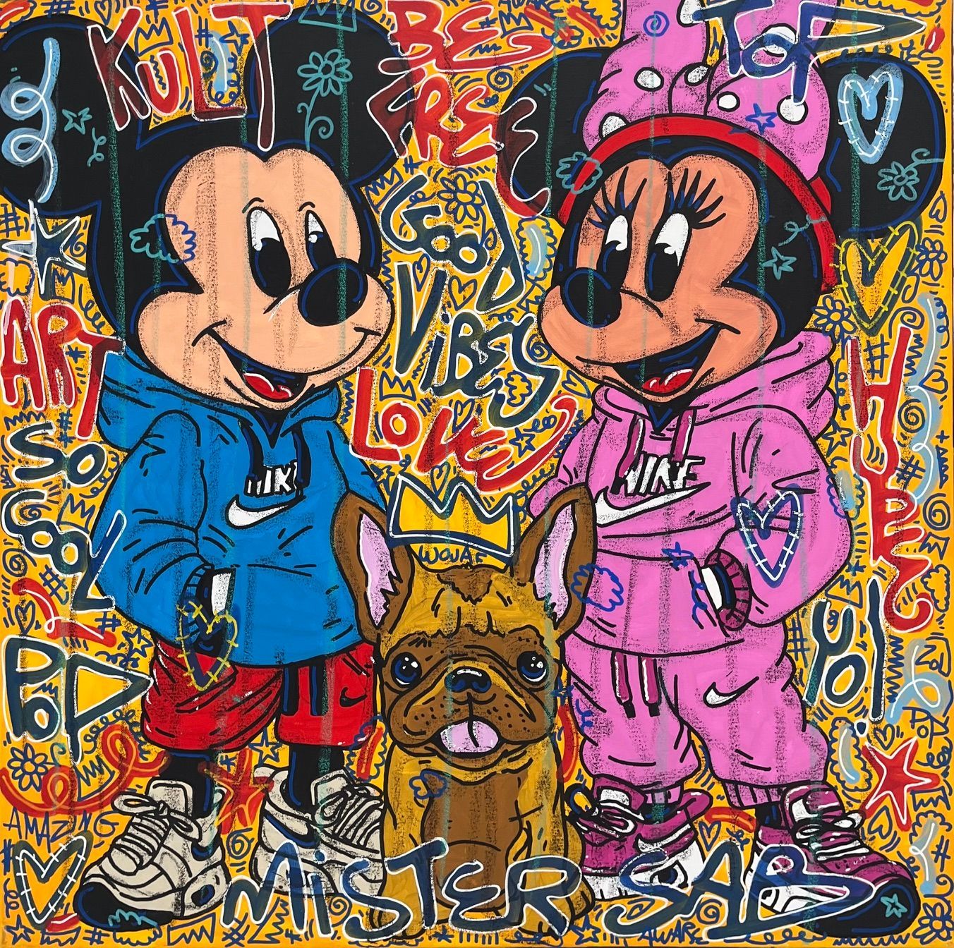 Tableau street art format xxl vert et violet Good Vibes – RICO SAB – 80 × 80 cm