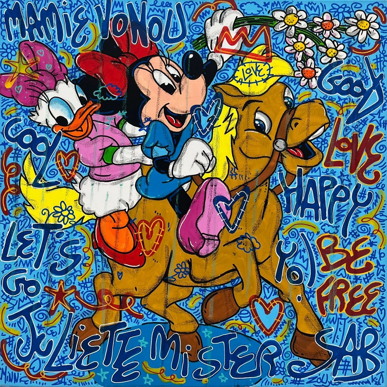 Tableau street art format xxl vert et violet Happy Minnie – RICO SAB – 80 × 80 cm