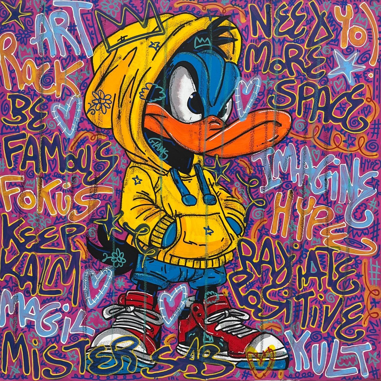 Tableau street art format xxl vert et violet Need more Space – RICO SAB – 80 × 80 cm