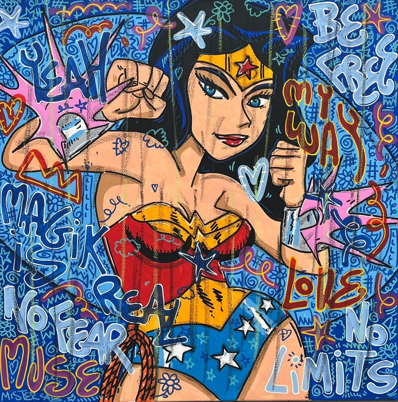Tableau street art grand format vert et violet Magik is real – RICO SAB – 80 × 80 cm