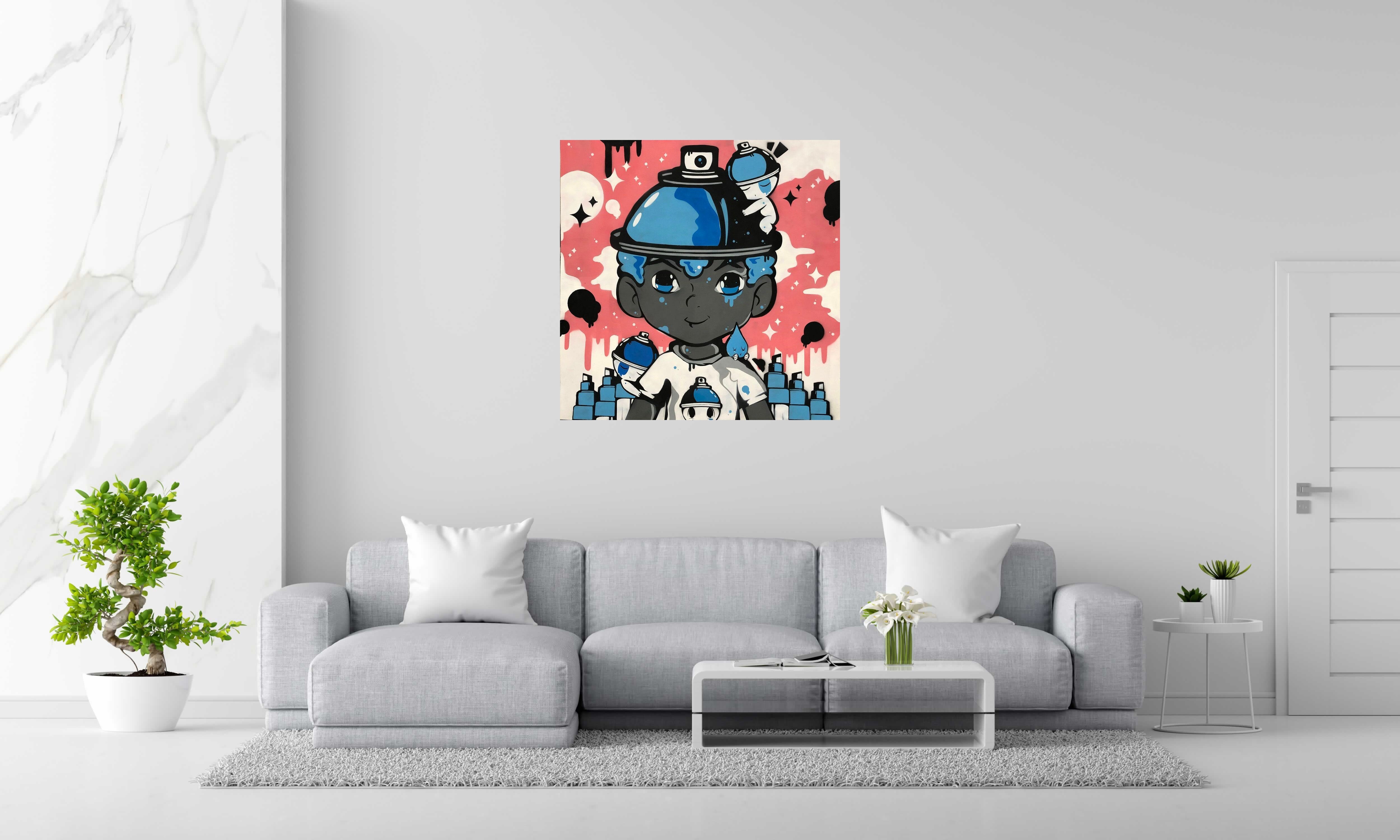 Tableau GRAFFIKID de JUAN SPRAY dans un intérieur – 100 × 100 cm