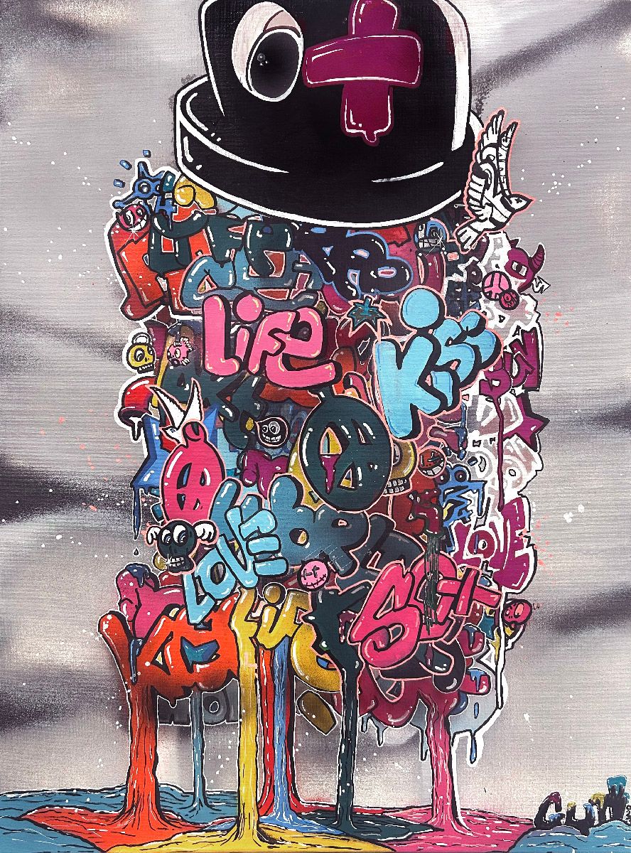 Tableau street art moyen format gris et rose Mr.Bombmastik – GUTI – 60 × 80 cm