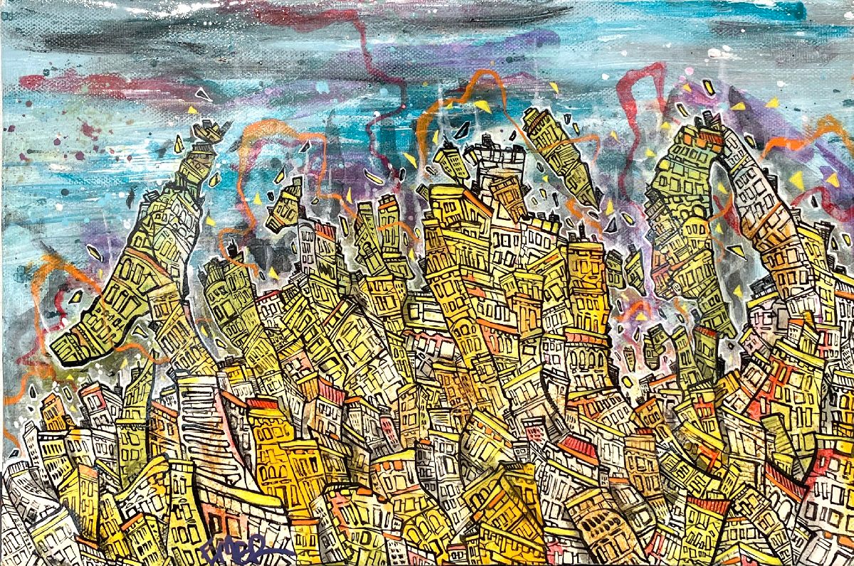 Tableau street art petit format jaune City town – EMER – 23 × 35 cm