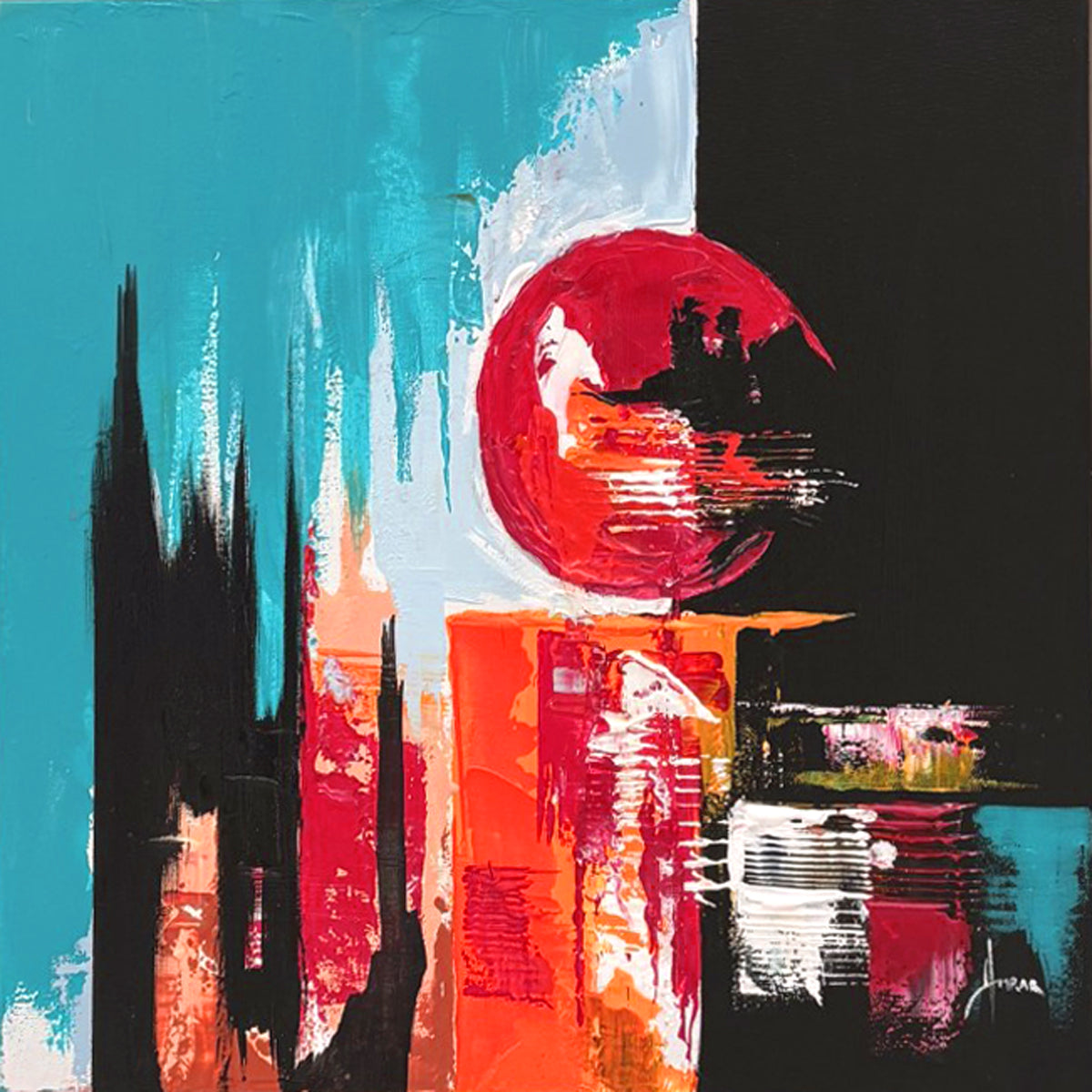 Tableau abstrait acrylique sur toile de Farid Amrar, La superposition 1, 50 x 50 cm, noir et multicolore