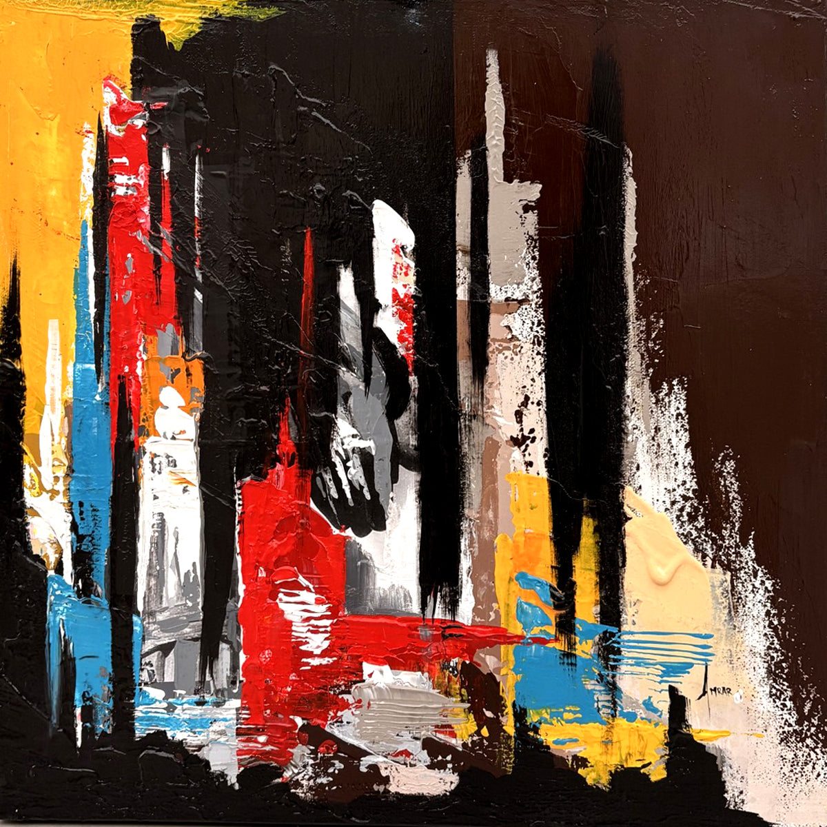 Tableau abstrait multicolore sur toile, La superposition 2 de Farid Amrar, 50 x 50 cm