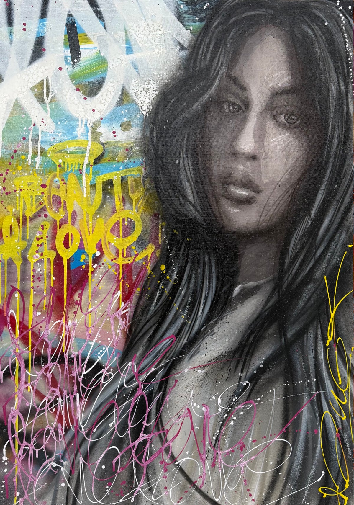 Tableau street art aérosol et technique mixte sur toile, C.lia de JUG, 70 x 100 cm