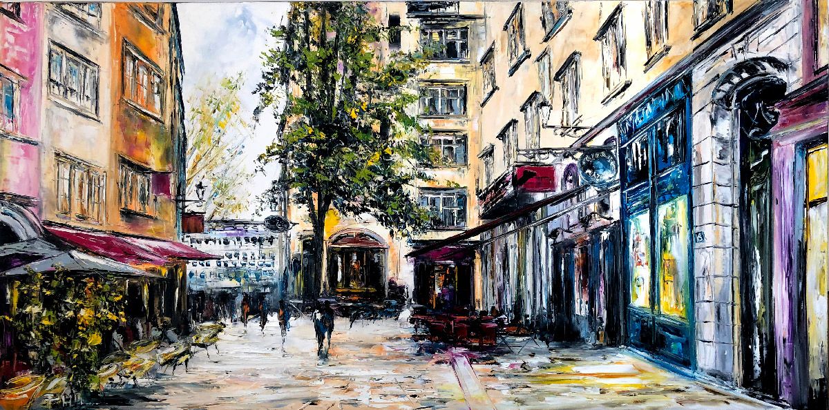 Tableau de PHIL a pour titre  1 Minute Place de la Baleine, Lyon style figuratif dim : PHILprix:450