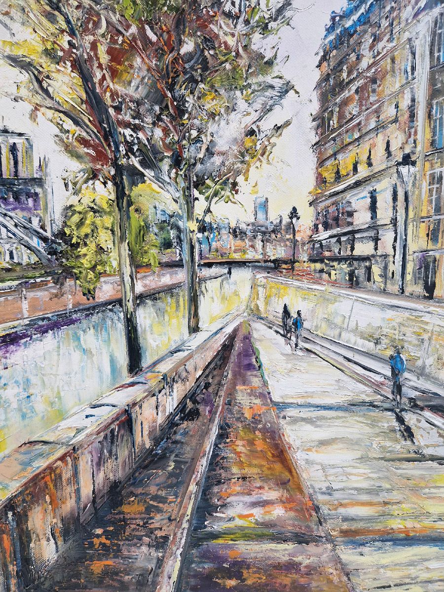 Tableau de PHIL a pour titre  Sur les berges  de Paris style figuratif dim : PHILprix:350
