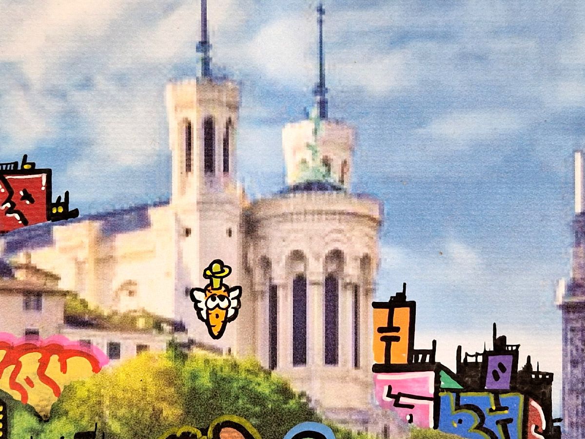 Tableau de BLACH a pour titre  Lyon Feat Carotte style graffiti, street art dim : BLACHprix:500