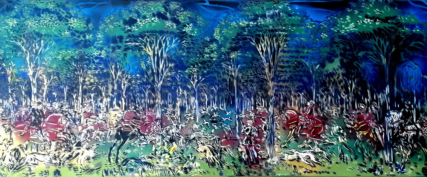 Tableau de ARTISTE OUVRIER a pour titre  CHASSE DE NUIT style figuratif dim : ARTISTE OUVRIERprix:2000