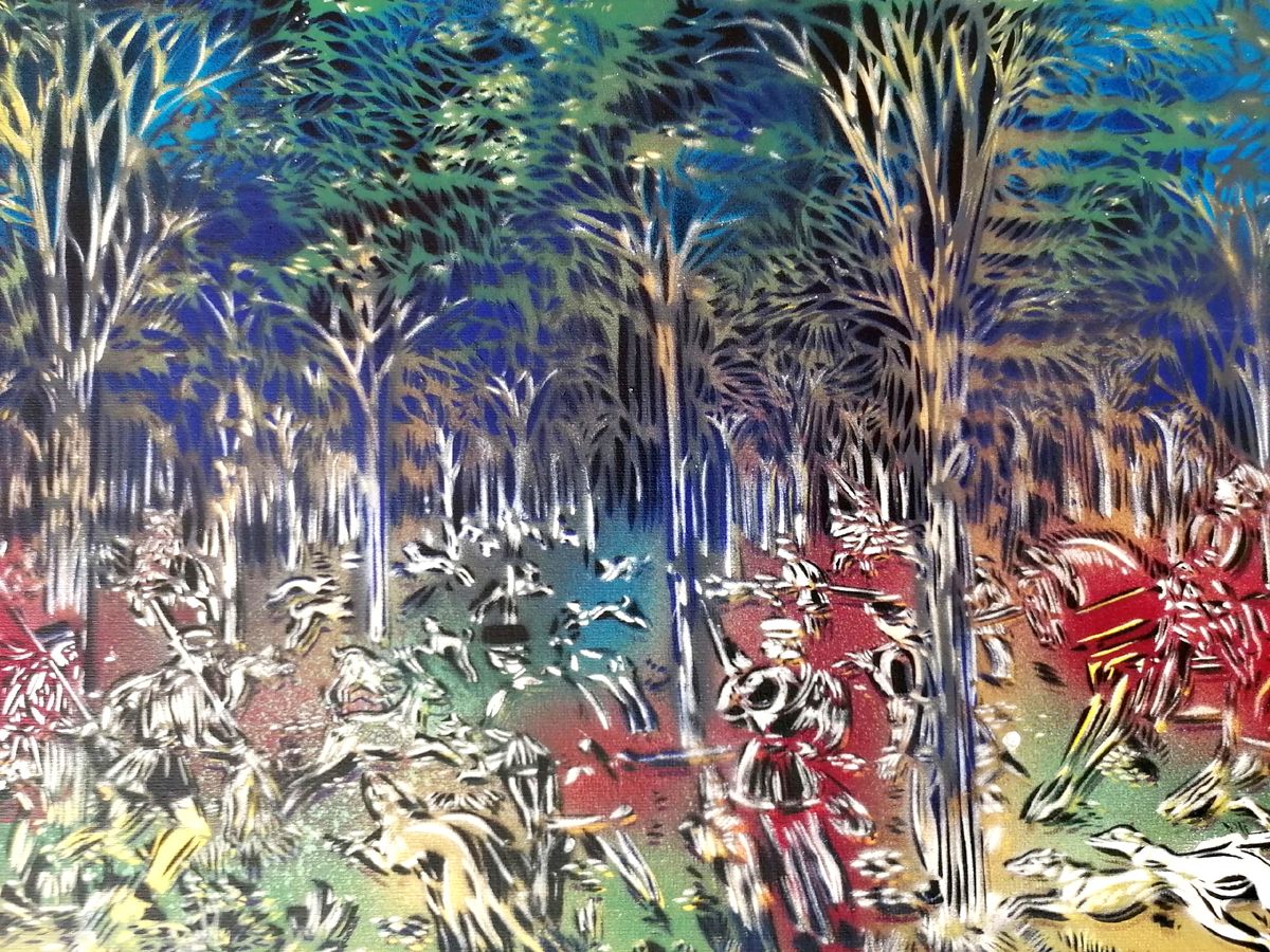 Tableau de ARTISTE OUVRIER a pour titre  CHASSE DE NUIT style figuratif dim : ARTISTE OUVRIERprix:2000