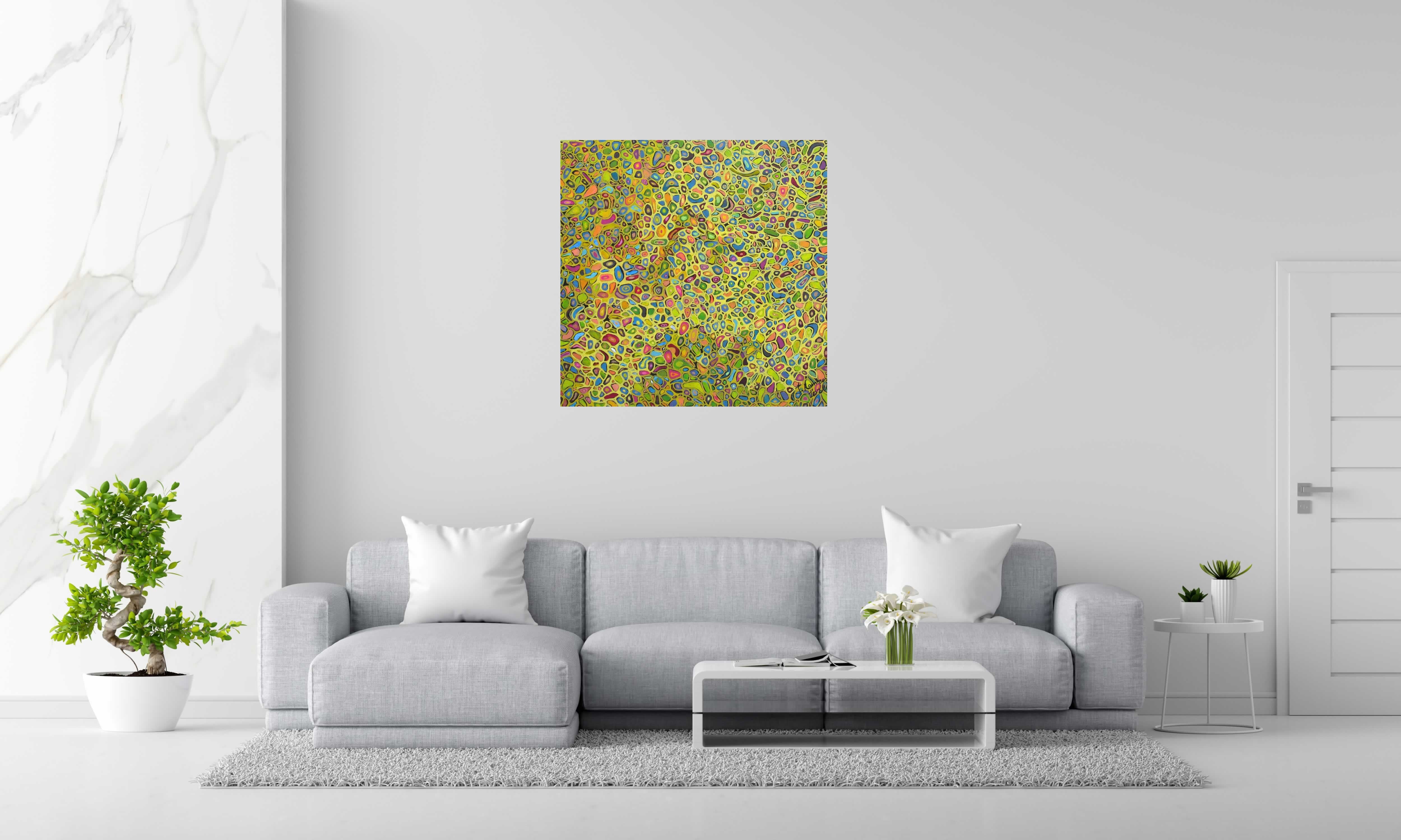 Toile MICROMONDE 2 de JAVIER RAMIREZ dans un intérieur – 100 × 100 cm
