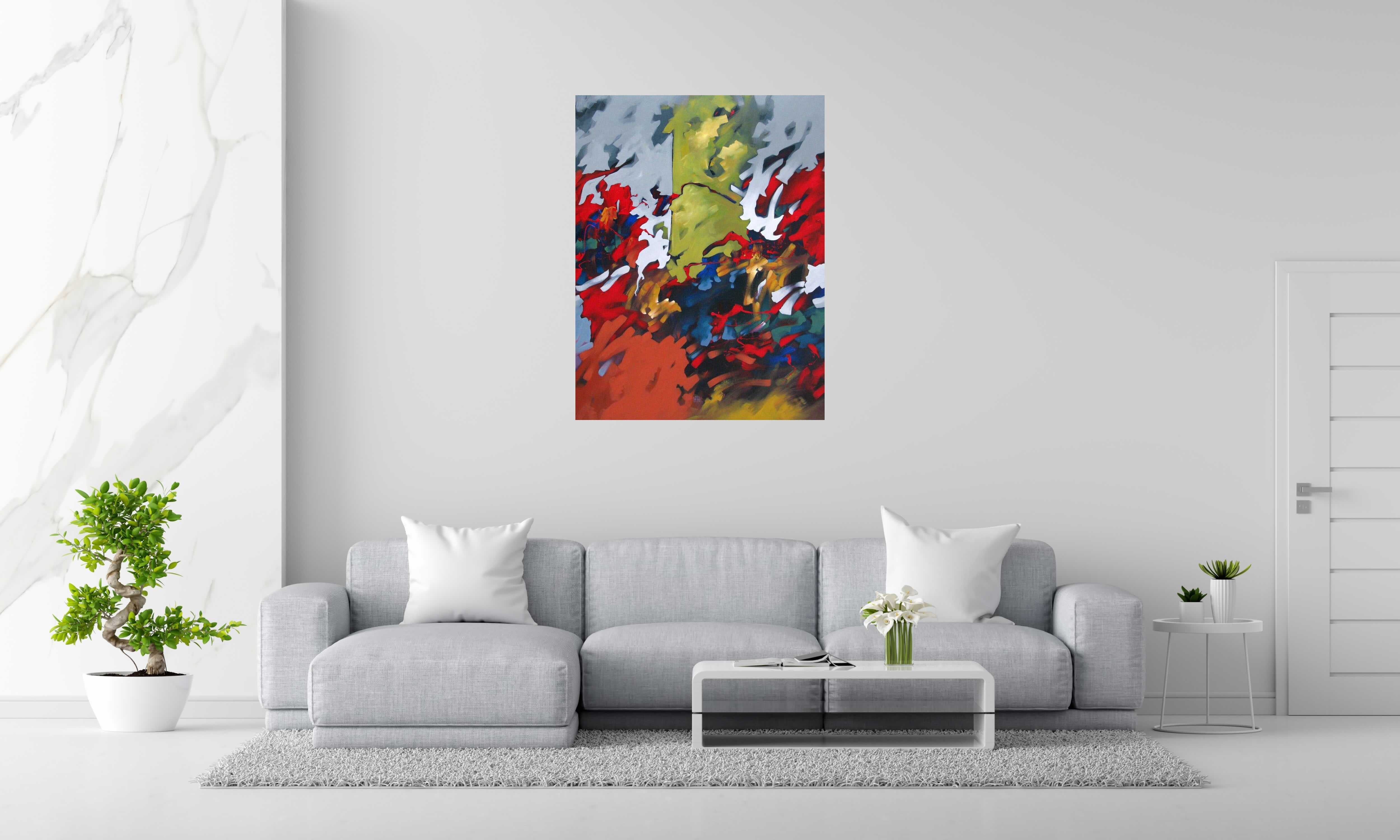 Toile PEINTURE ABSTRAITE 51 de BRUNEAU dans un intérieur – 116 × 89 cm