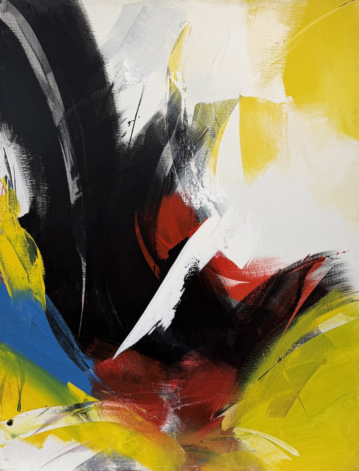 Toile abstraite en acrylique aux tons jaune et bleu, grand format, de JM Barrois