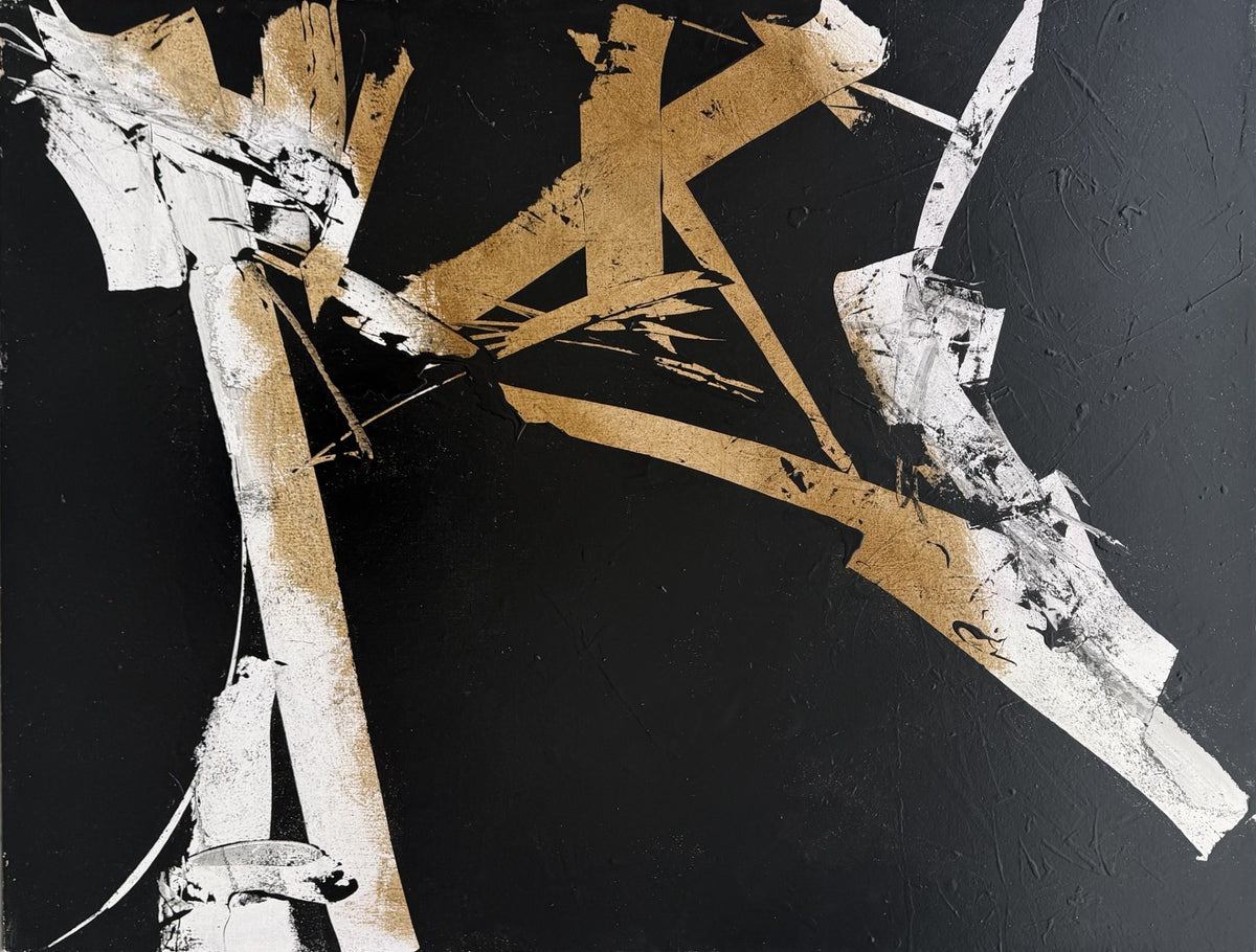 Toile abstraite acrylique noir et ocre grand format de JM Barrois, 116 x 89 cm