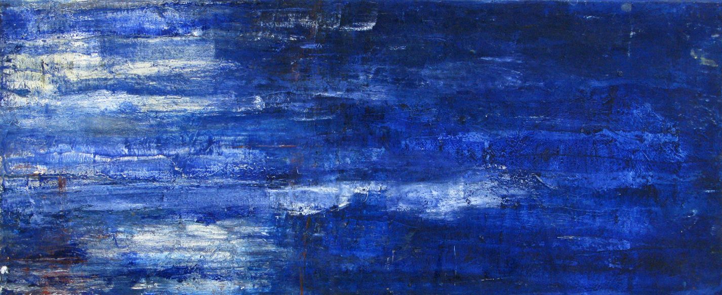 Toile abstraite moyen format blanc et bleu Bleu marine – PASCALE JACQUEMOND – 34 × 90 cm