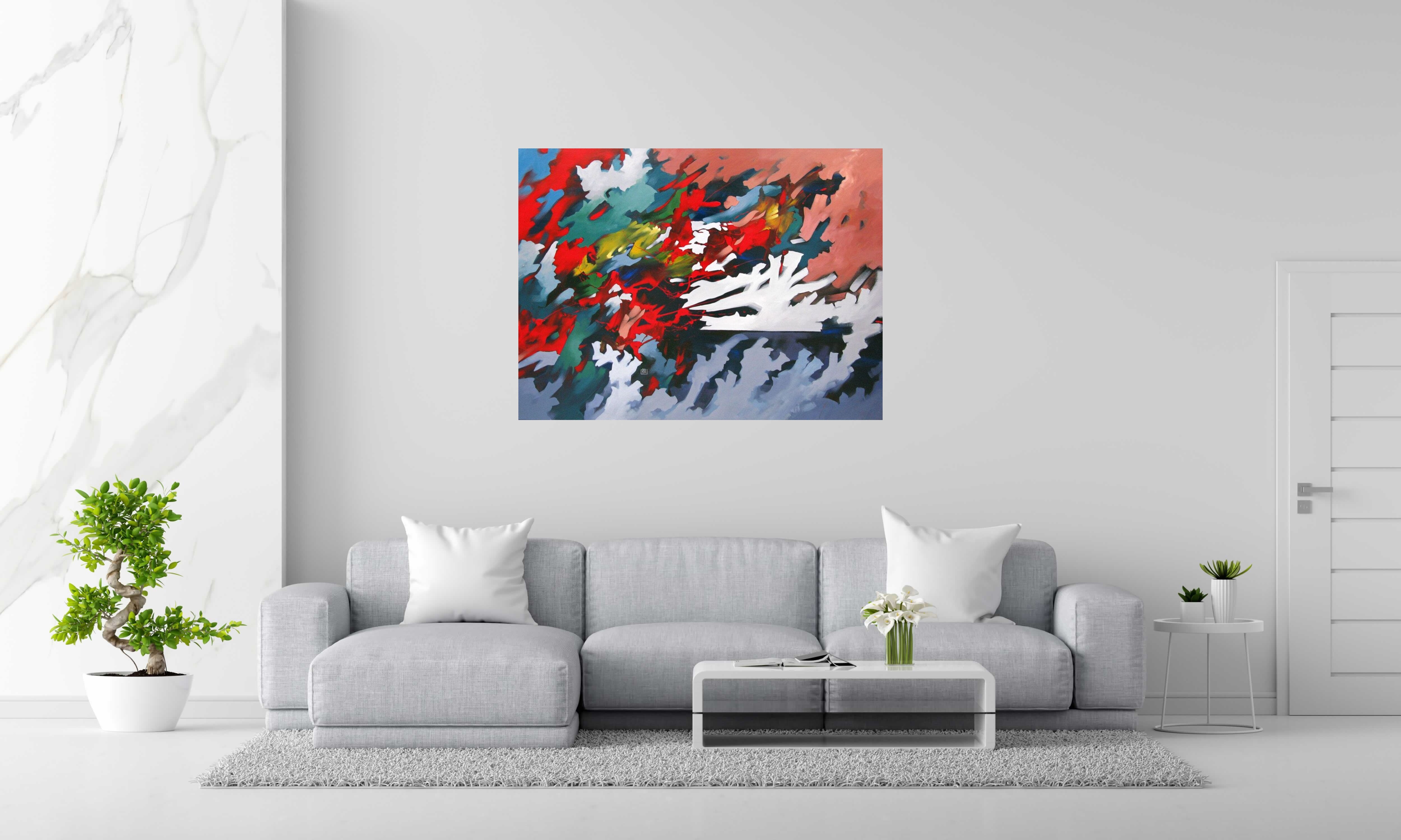 Toile PEINTURE ABSTRAITE 54 de BRUNEAU dans un intérieur – 97 × 130 cm
