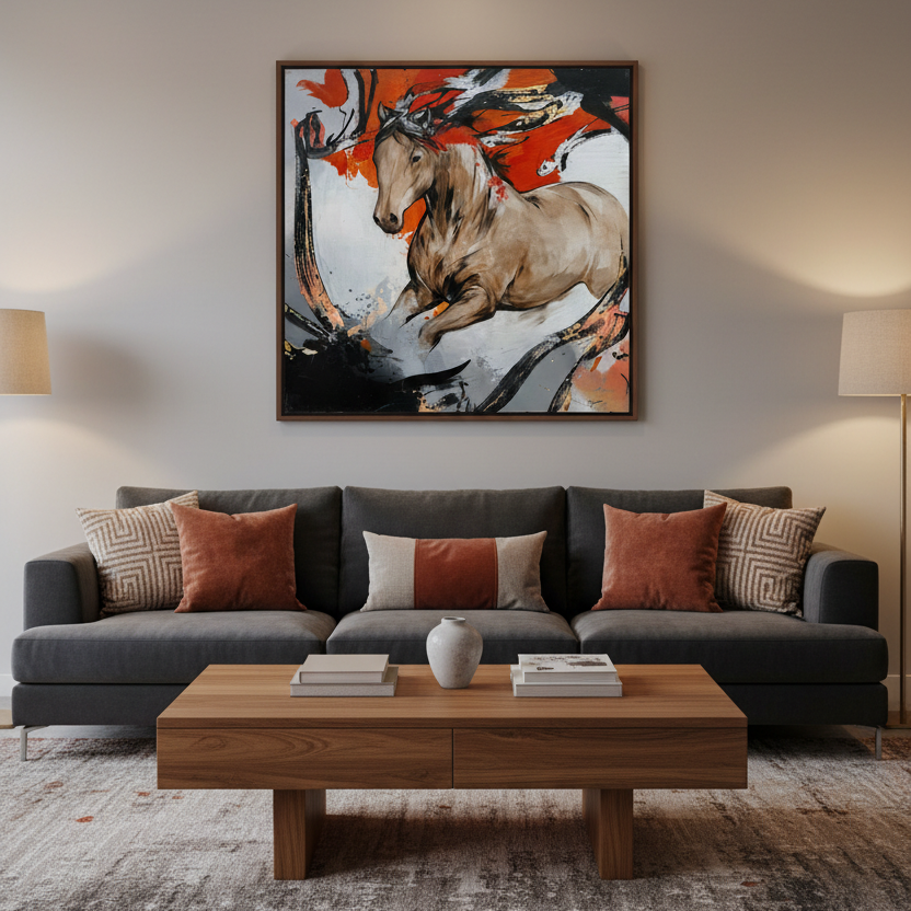 Toile Ensemble de CYRIL REGUERRE dans un intérieur – 100 × 100 cm