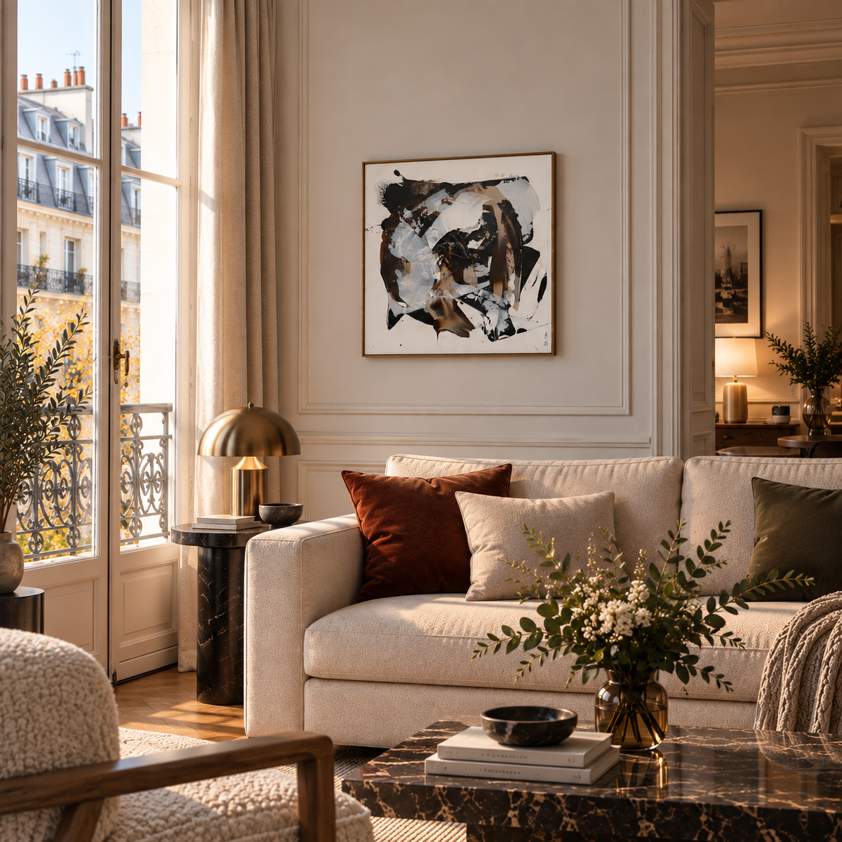 Toile CAPPUCINO 8 de CELINE WEBER dans un intérieur – 60 × 60 cm