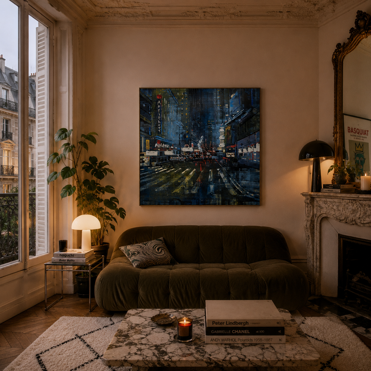 Toile Manhattan Blue night de ADRIEN FAVEAU dans un intérieur – 100 × 100 cm