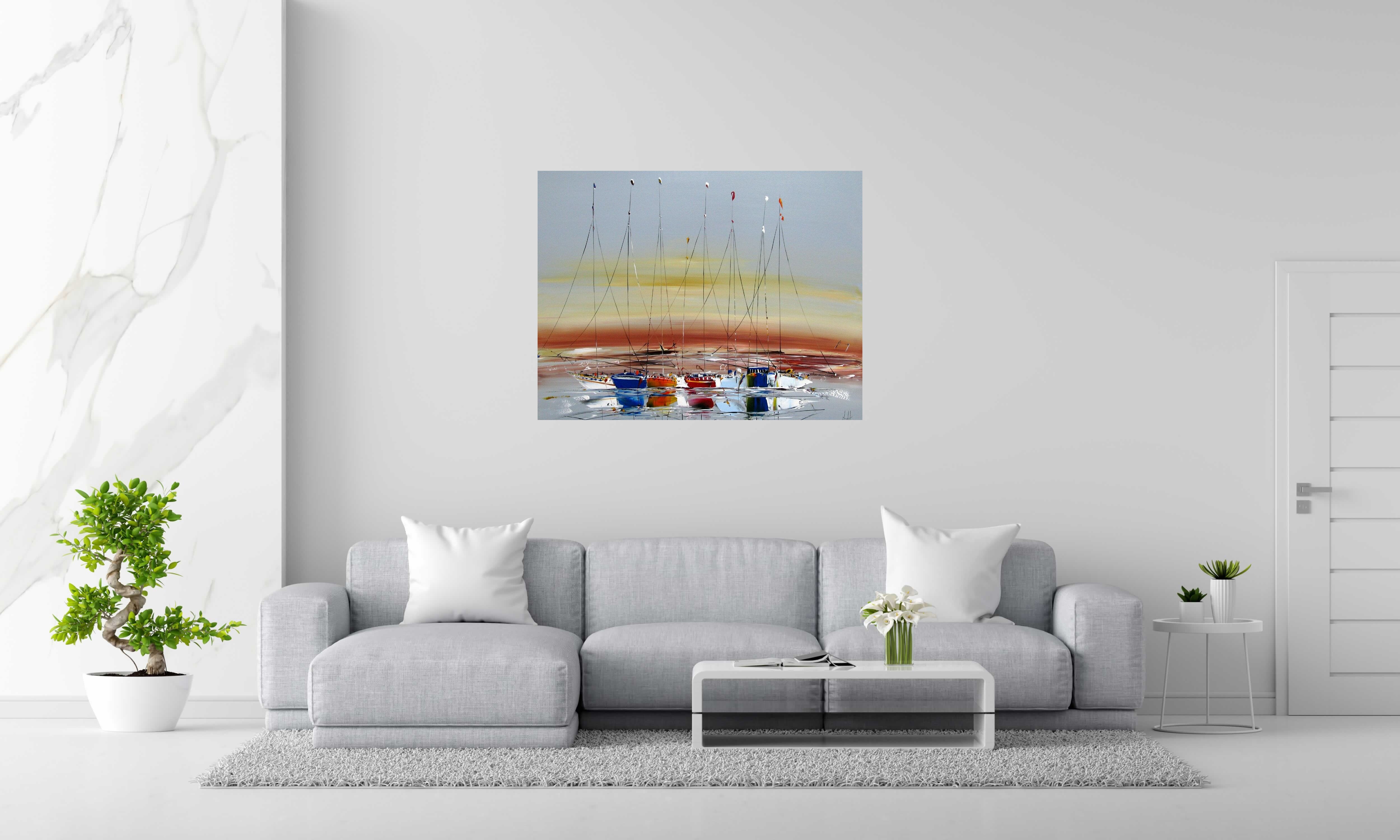 Toile MARINE ABSTRAITE 114 de F. BOUTET dans un intérieur – 116 × 89 cm