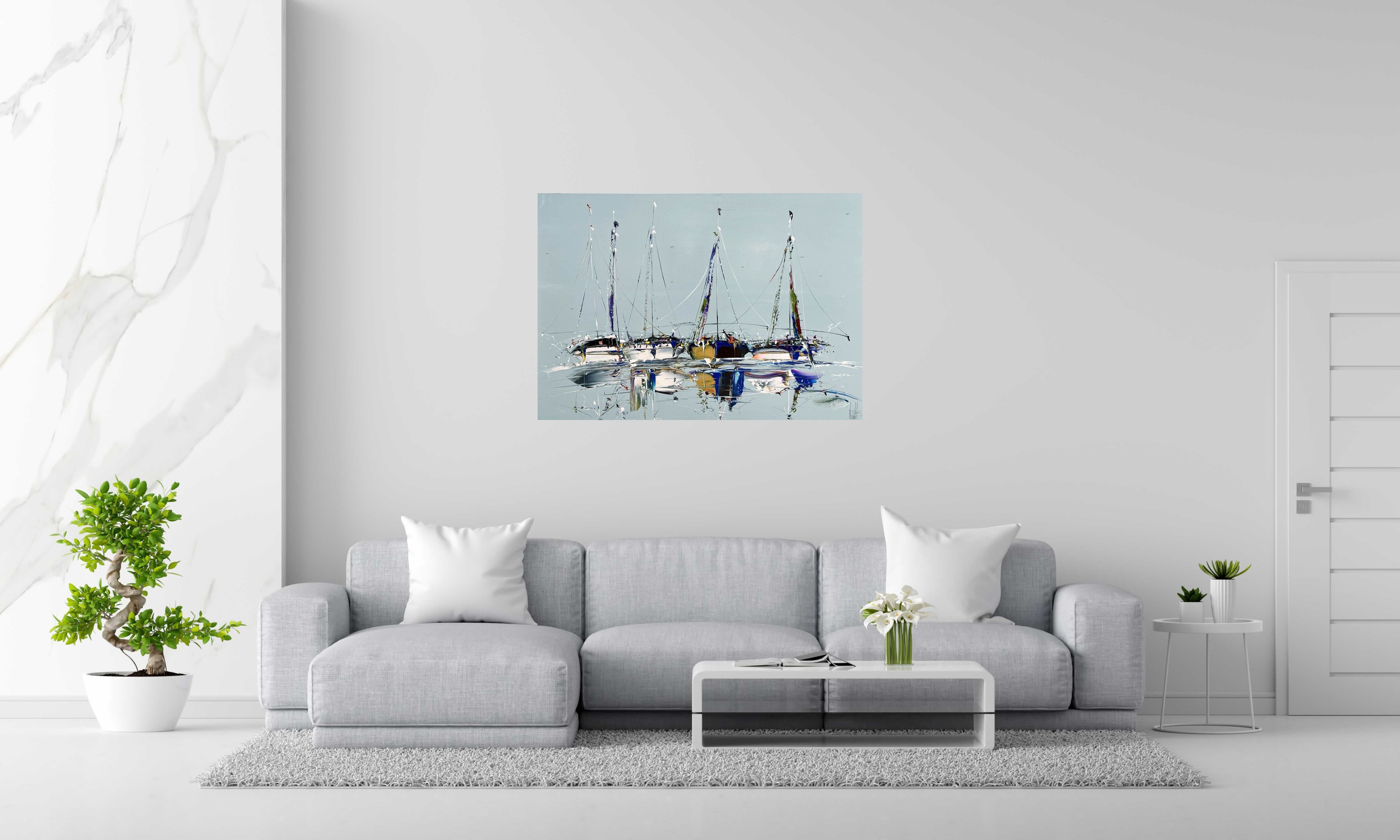 Toile MARINE ABSTRAITE 82 de F. BOUTET dans un intérieur – 116 × 81 cm