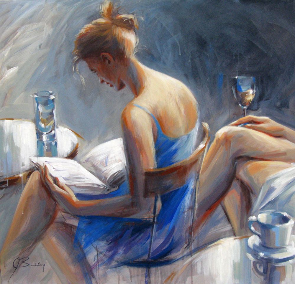 Toile figurative grand format bleu FEMME À LA ROBE BLEU – JEFF BAILEY – 80 × 80 cm