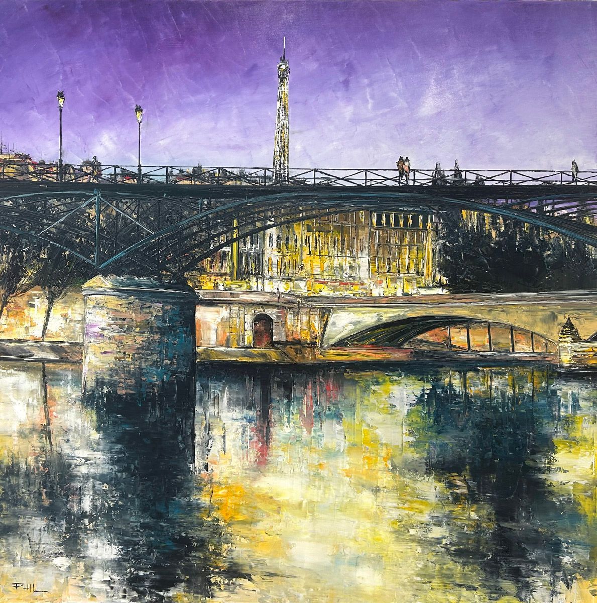 Toile figurative grand format bleu et violet La Seine, Paris – PHIL – 90 × 90 cm