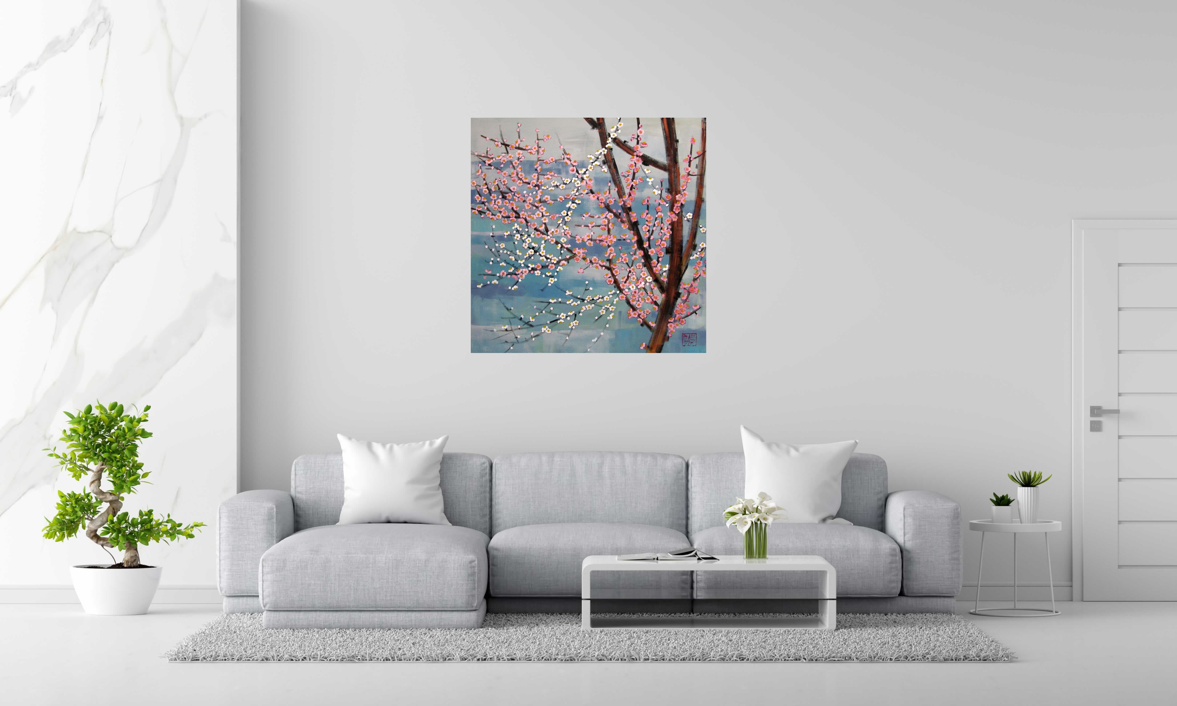Toile FLORAISON MATINALE de JEONG MIN LEE dans un intérieur – 100 × 100 cm