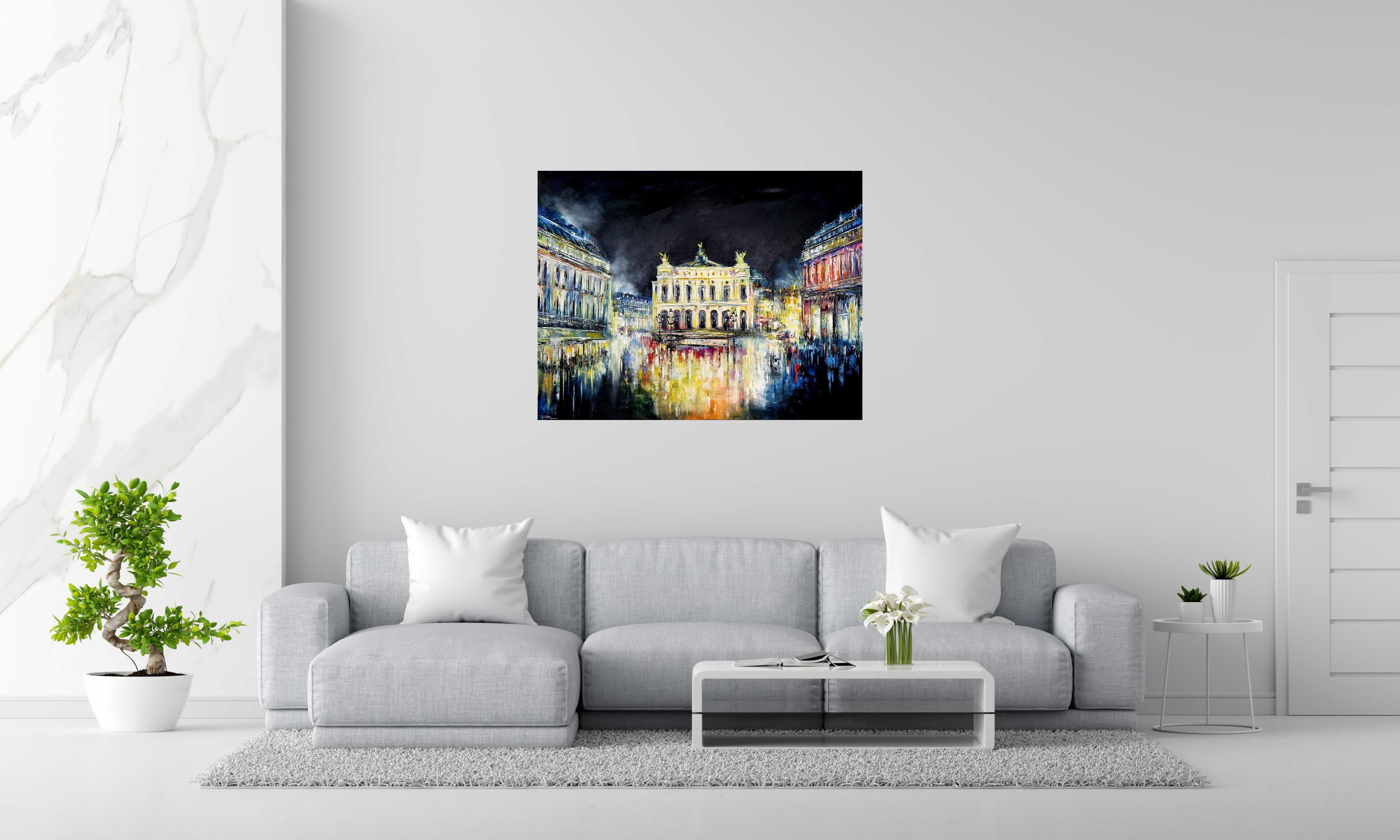 Toile Place de l'Opéra - Paris de Nuit de PHIL dans un intérieur – 116 × 89 cm