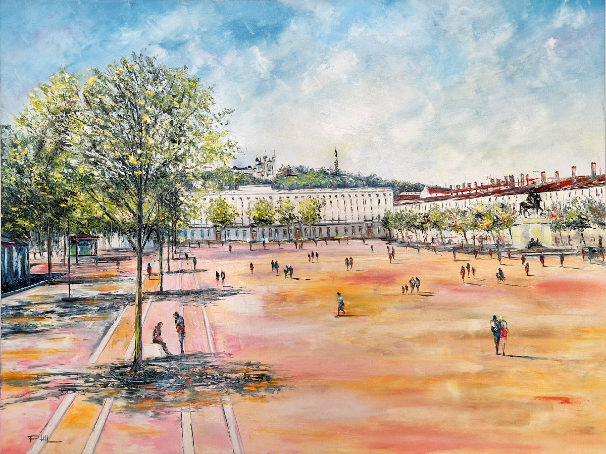 Toile figurative grand format Week-end à Bellecour – PHIL – 90 × 90 cm