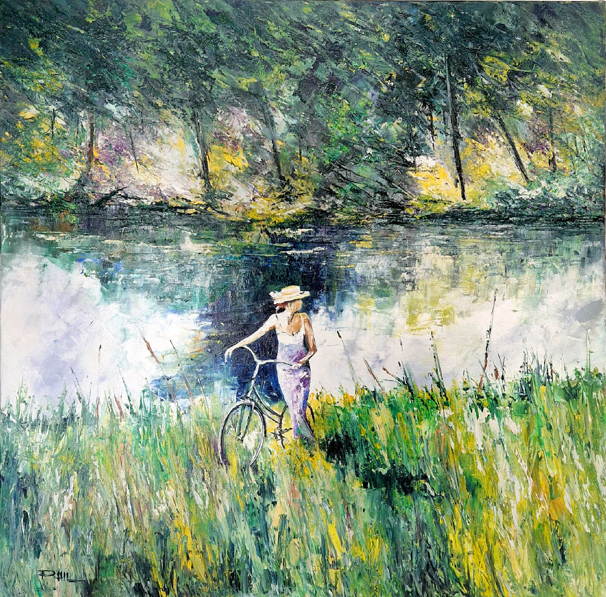 Toile figurative grand format vert La belle à vélo – PHIL – 80 × 80 cm