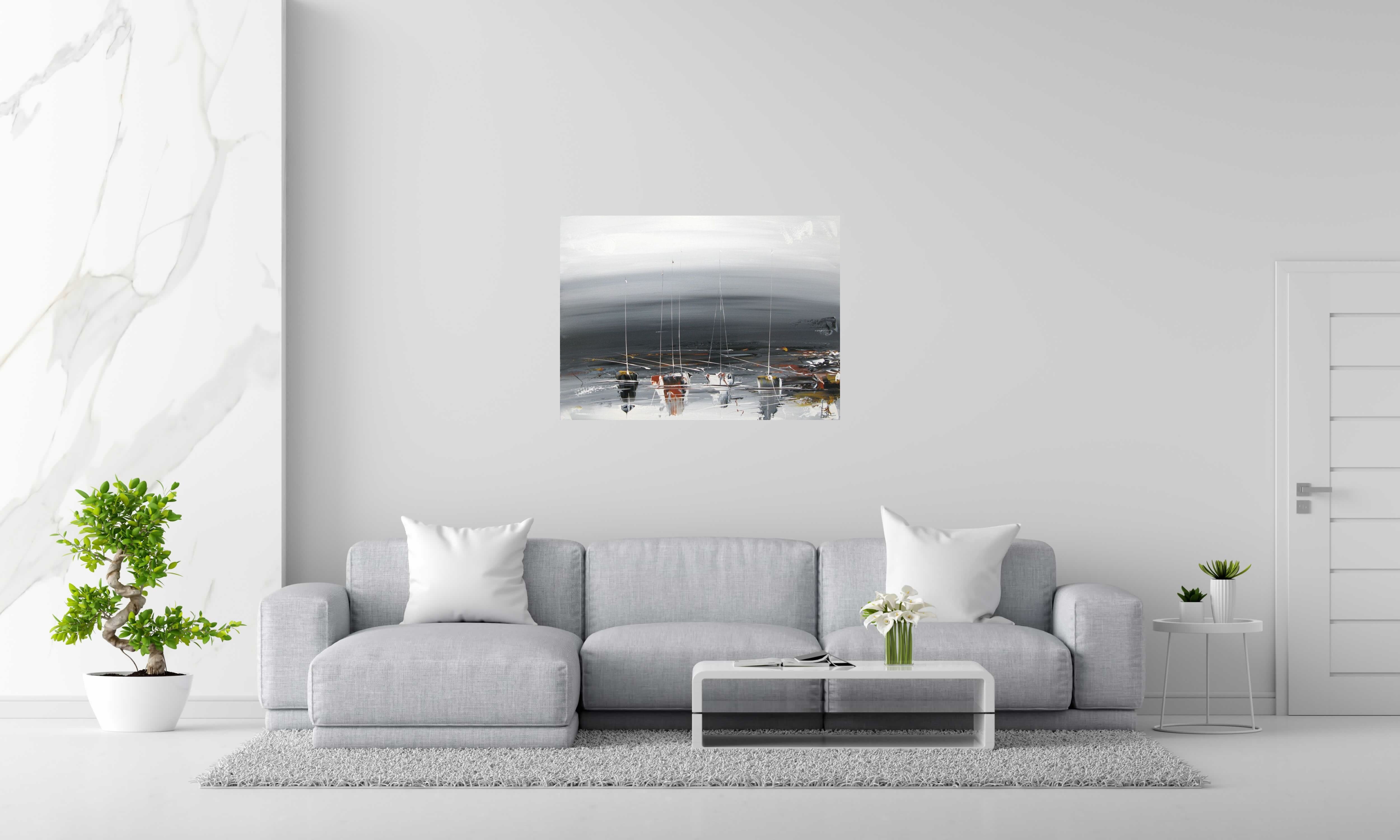 Toile MARINE ABSTRAITE de F. BOUTET dans un intérieur – 73 × 100 cm