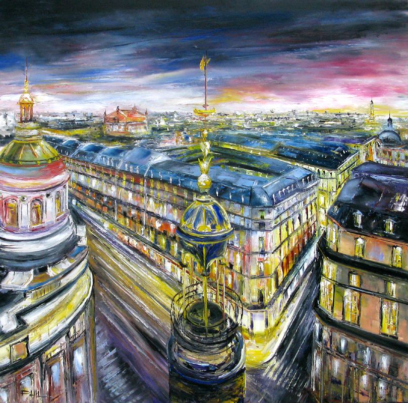 Toile figurative grande taille mauve Paris printemps – PHIL – 80 × 80 cm
