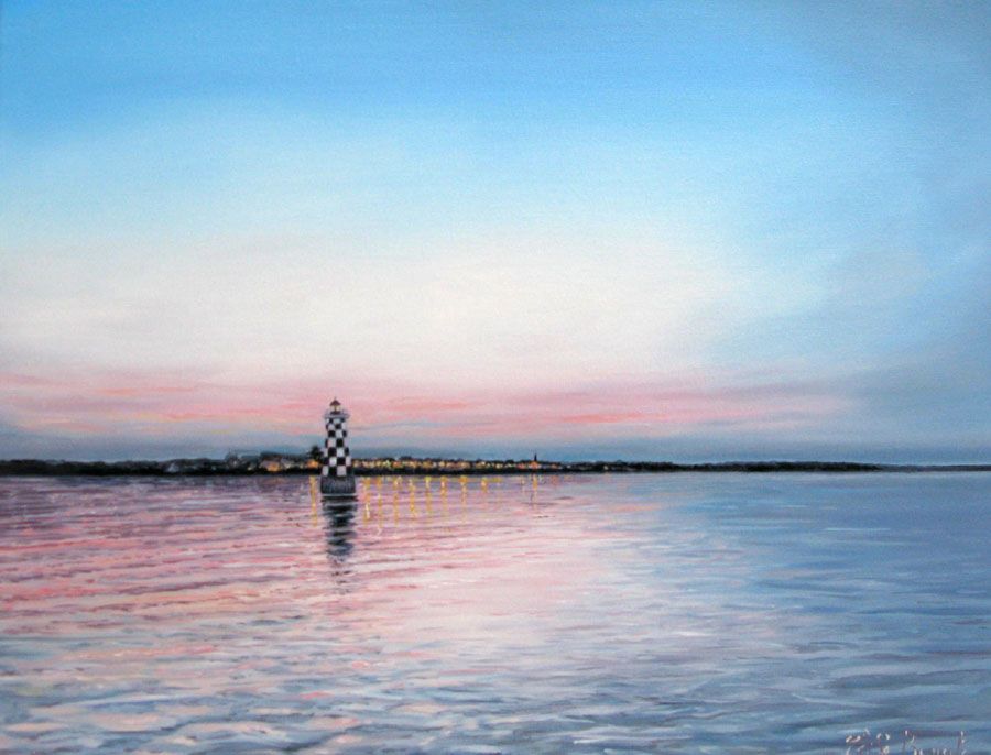 Toile figurative moyen format bleu PHARE DE LOCTUDY II – ELISE BARAT – 60 × 80 cm