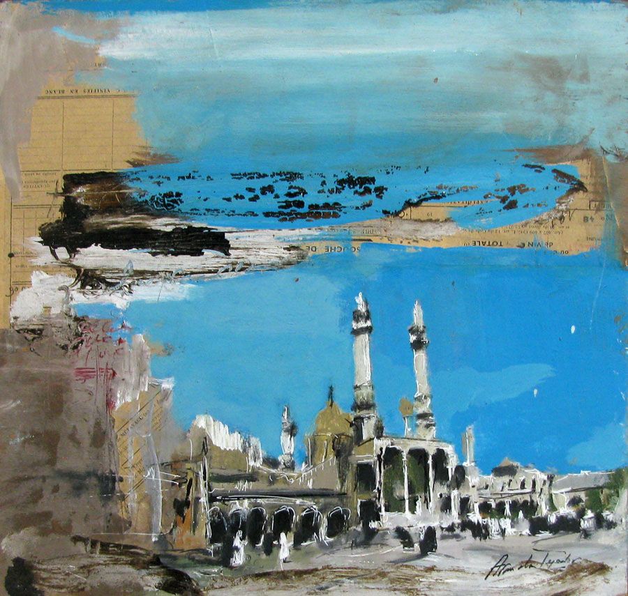 Toile figurative petit format bleu MEZQUITA – ARANCHA TEJEDOR – 42 × 42 cm