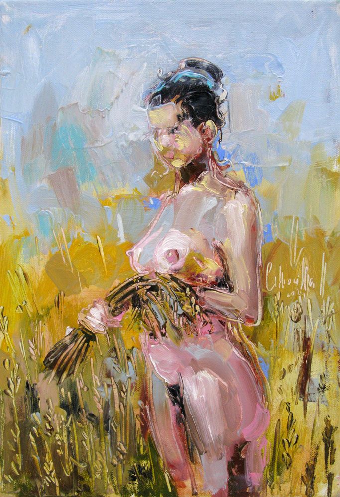 Toile figurative petit format jaune et rose Champs de blé – OLENA SINIUHINA – 27 × 41 cm