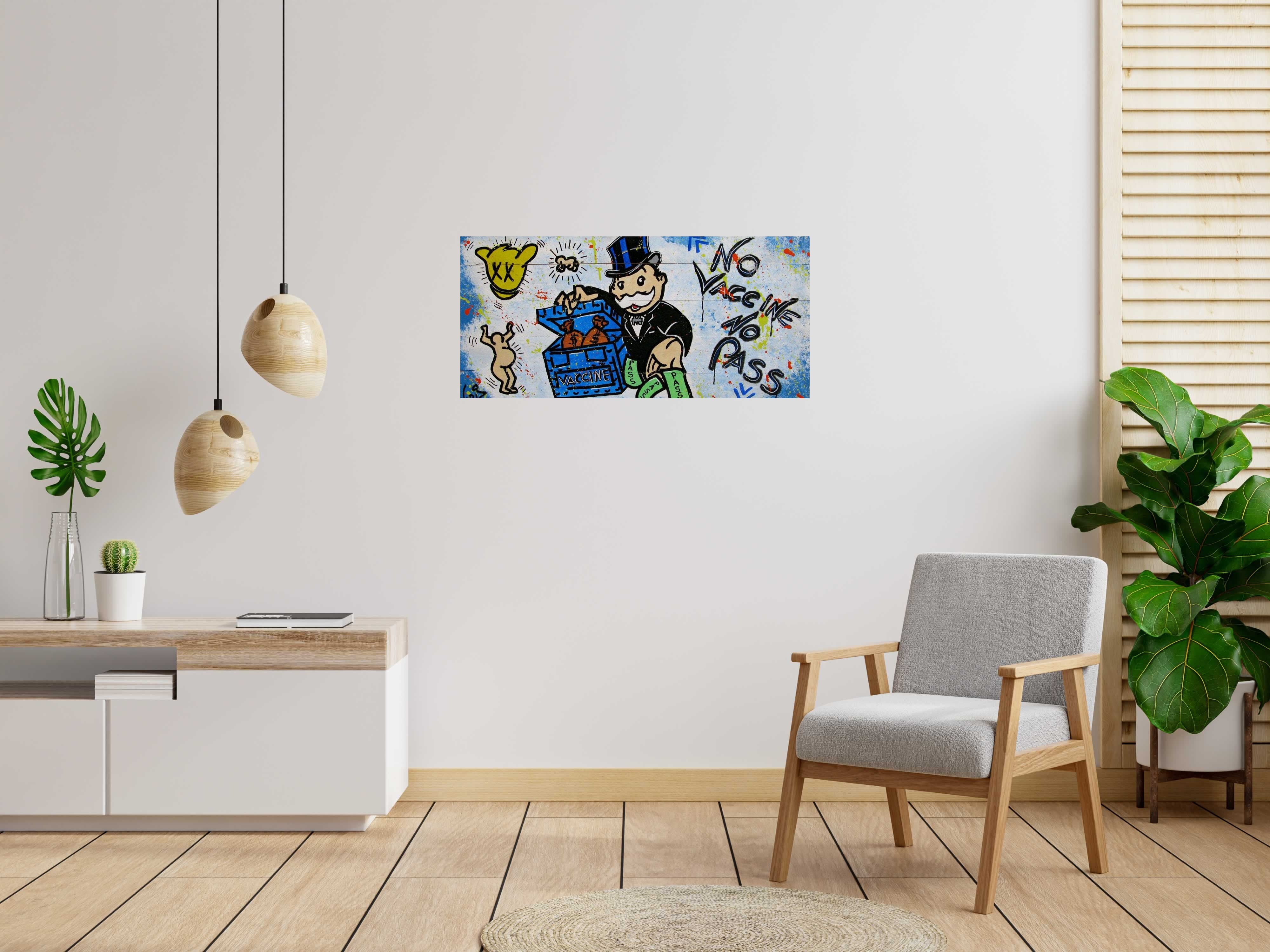 Toile NO VACCINE NO PASS de VIDIZ dans un intérieur – 51 × 110 cm