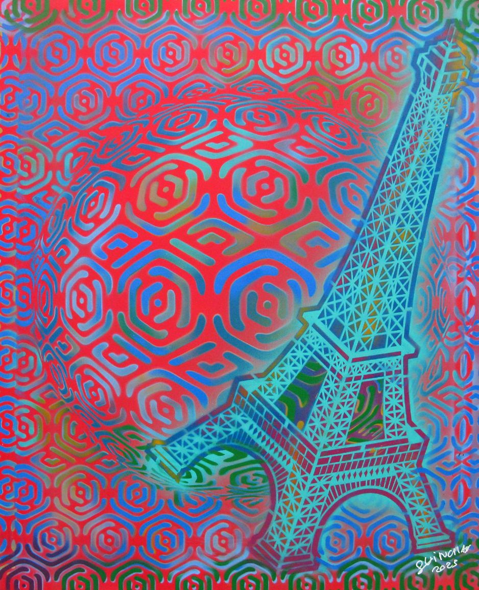 Toile graphique grande taille bleu et rose Eiffel 2 – YANN GUINCHAN – 81 × 100 cm
