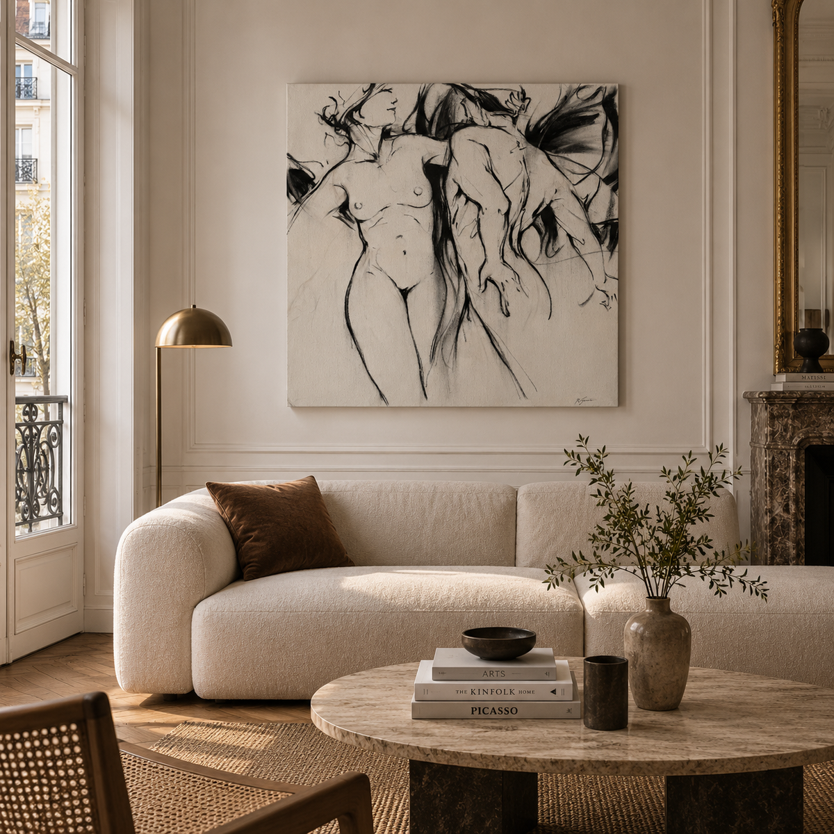 Toile Volutés 5 de CYRIL REGUERRE dans un intérieur – 100 × 100 cm