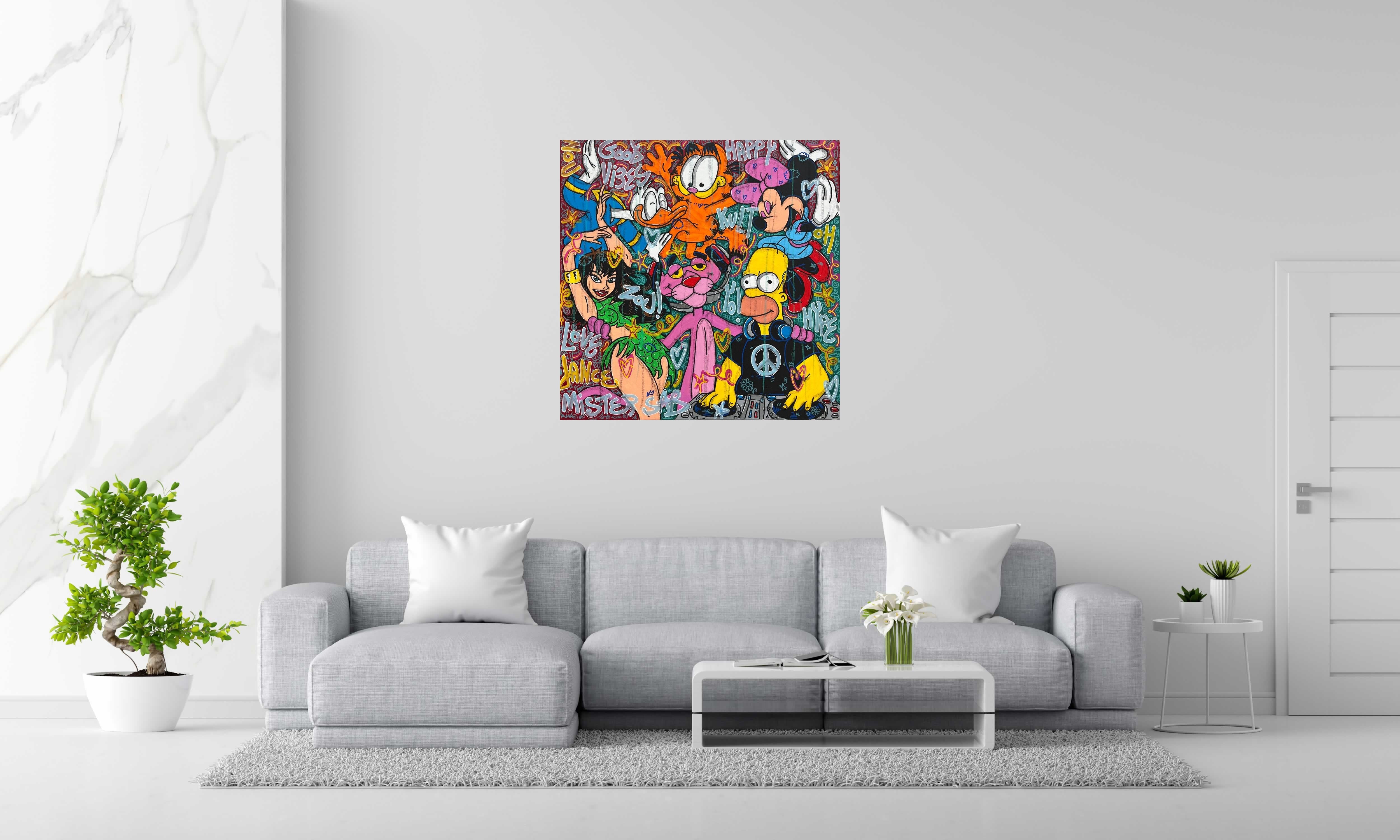 Toile Good Vibes Only de RICO SAB dans un intérieur – 100 × 100 cm