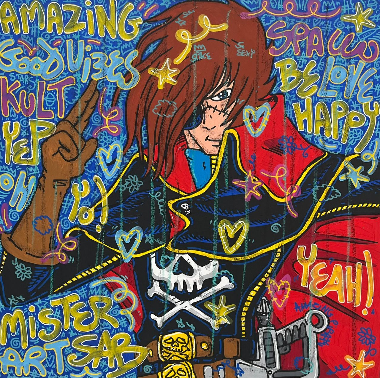 Toile street art grand format vert et violet Albator Yeah – RICO SAB – 80 × 80 cm
