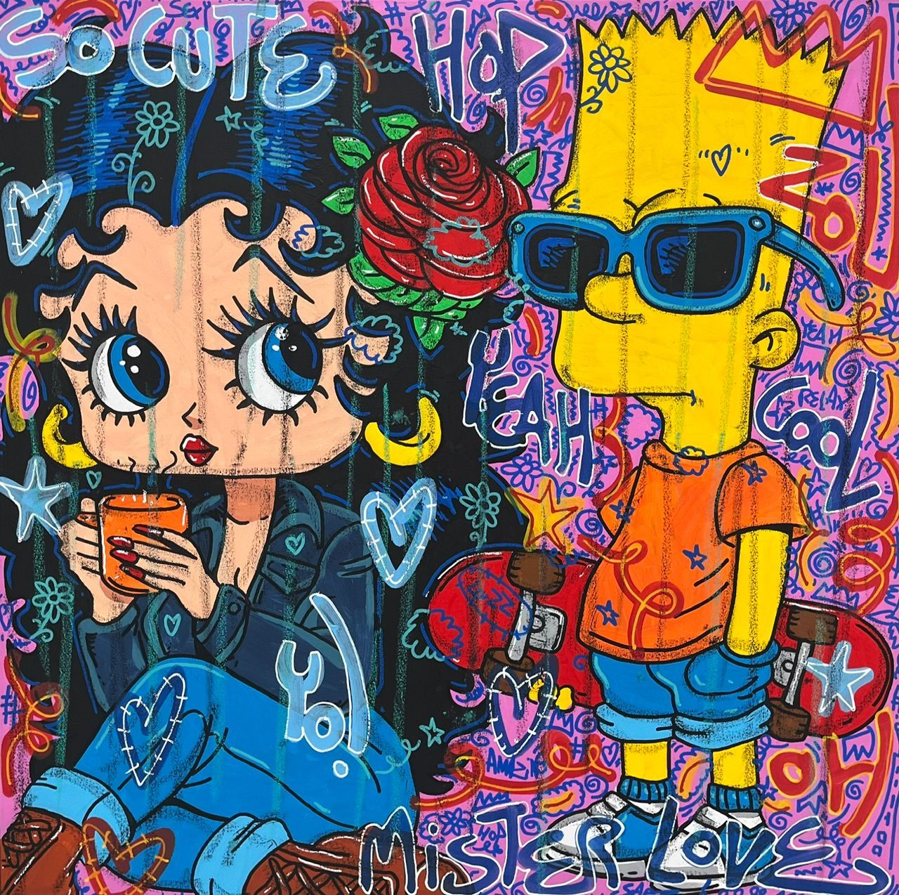 Toile street art grande taille vert et violet So Cute Yo! – RICO SAB – 80 × 80 cm
