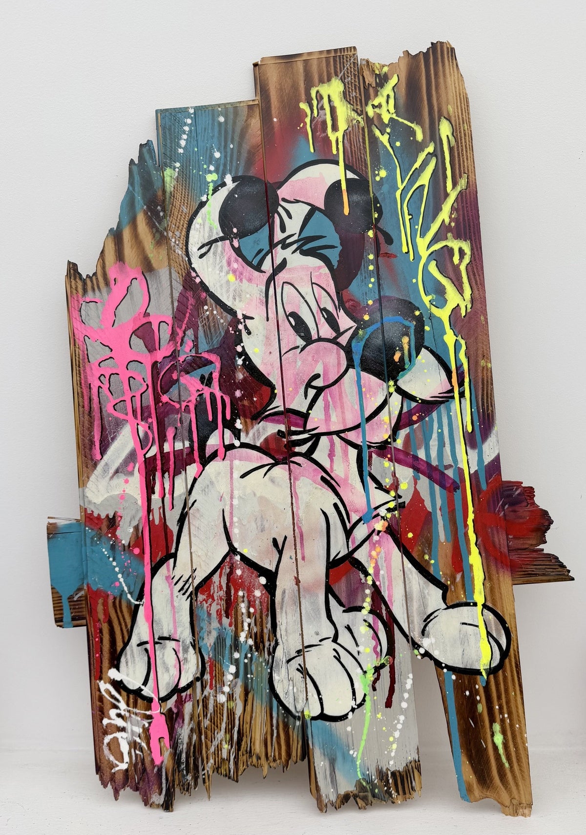 Toile de JUG, Doggy Life, technique mixte sur bois, 40 x 78 cm, style street art multicolore