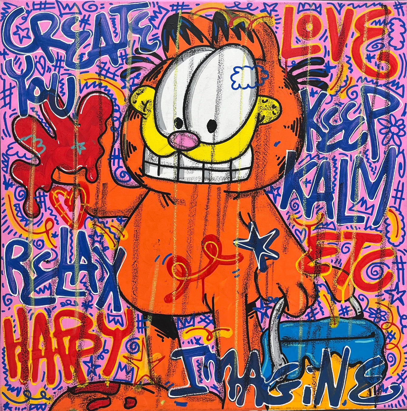 Toile street art moyen format orange et rose Relax – RICO SAB – 60 × 60 cm