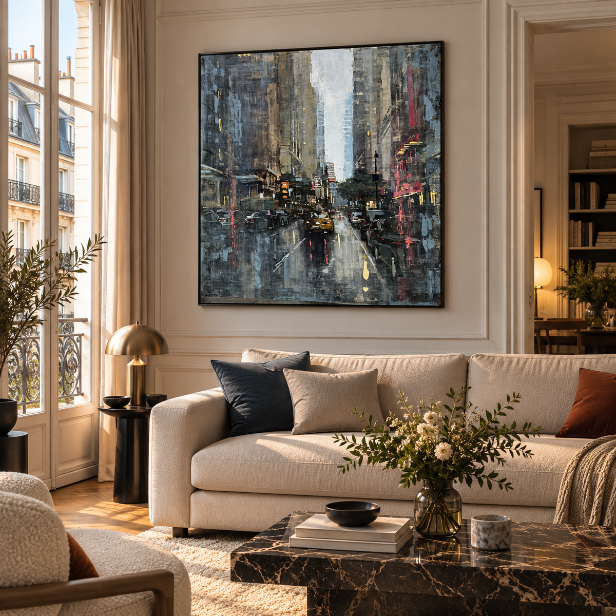 Toile Manhattan Rain de ADRIEN FAVEAU dans un intérieur – 120 × 120 cm